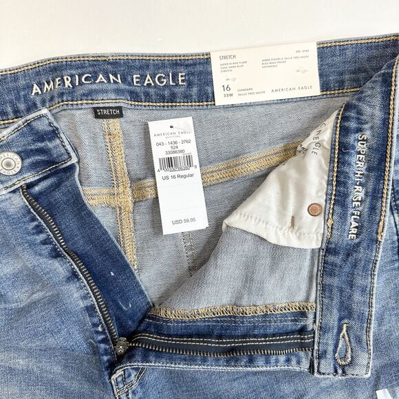American Eagle Super Hi-Rise Flare Jeans 16 Stretch Blue Denim Distressed NEW - Picture 8 of 11